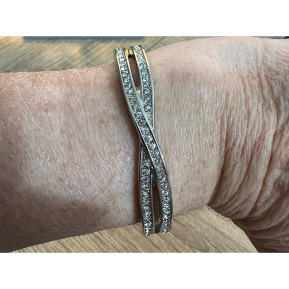 Clear Rhinestone Hinged Bracelet Silver Tone Criss Cross Bangle Fashion Jewelry - Picture 1 of 11